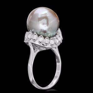 TAHITIAN SILVER GREY PEARL AND DIAMOND 14K WG RING